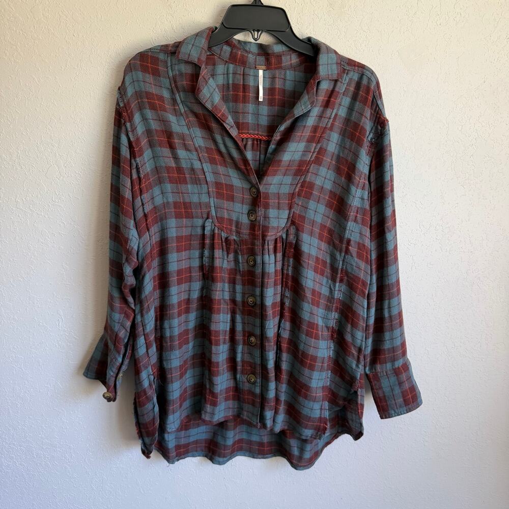Free People All About the Feels Plaid Button Down Top Women XS Flowy Fall Grunge